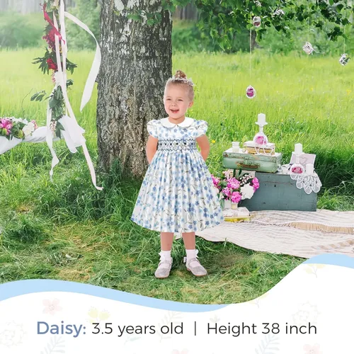 Miniatura 3 de Girls Smocked Blue Dress Toddler Floral Summer Dress Vintage Dresses Kindergarten Graduation Dress