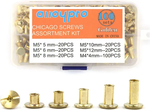 Miniatura 13 de Juego de 80 tornillos Chicago surtidos, 4 tamaños, remaches de cuero dorado de 1/4 5/16 3/8 1/2 remaches de tornillo con cabeza Phillip ranurada