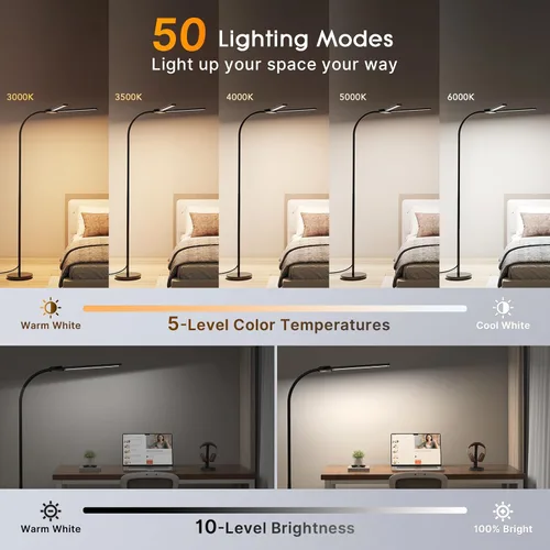 Miniatura 2 de Syrinx Lámpara de Pie LED, Lámparas de Pie de Doble Cabezal con Cuello de Ganso para Sala de Estar con Interruptor de Gestos y Control Remoto