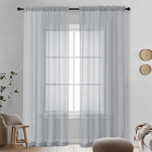 Miniatura 247 de OVZME - Cortinas traslúcidas blancas de 45 pulgadas de largo, 2 paneles, cortinas de gasa con bolsillo para barra para ventanas pequeñas, cada una