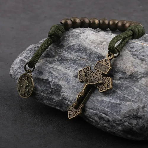 Miniatura 42 de Rosario de bolsillo estilo abierto una década de acero inoxidable rosario católico con crucifijo medalla de San Benito con bolsa de regalo