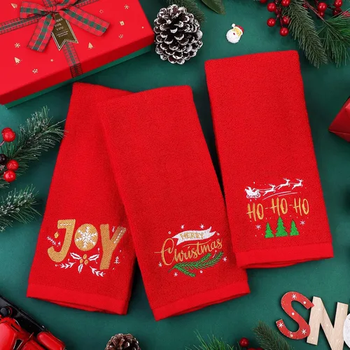 Miniatura 5 de MCEAST Paquete de 3 toallas de mano navideñas de gran tamaño de 25 x 14 pulgadas, toallas de cocina de Navidad 100% algodón, toallas decorativas Rojo