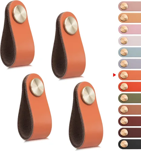 Miniatura 31 de Paquete de 4 tiradores de cuero para cajones, color beige, pomos de puerta de armario de 3.7 pulgadas, tiradores de piel sintética para tocador