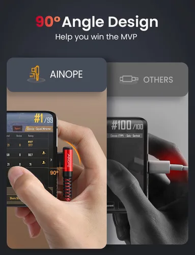Miniatura 4 de AINOPE - Cable USB C a USB [Paquete de 3 unidades 3.3 pies/6.6 pies/10 pies] 3.1A USB carga rápida en ángulo recto, cable de carga USB C trenzado