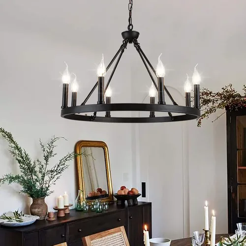 Miniatura 7 de 16-luz Candelabro negro con rueda de vagón grande de granja, iluminación rústica redonda, lámpara de granja