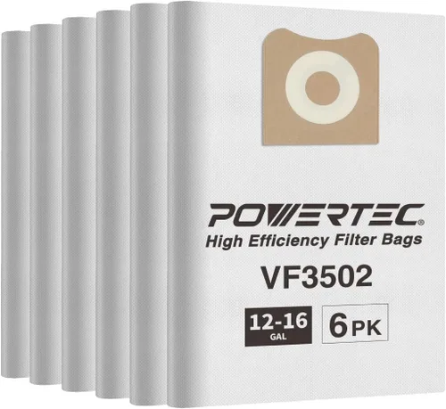 POWERTEC 23743 VF3502 - Bolsas de vacío tamaño A para Ridgid, paquete de 6, 12-16 galones, bolsas de vacío para Ridgid HD1200, HD1400 Wet Dry Vac