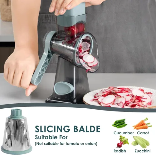 Miniatura 7 de Rallador de queso giratorio con asa, trituradora de 3 cuchillas de acero inoxidable, cortador manual de queso, ralladores de manivela para cocina