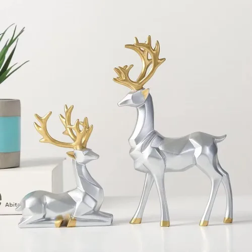 Miniatura 2 de Figuras navideñas de alce de reno, decoración de Navidad de pie y sentado, estatuas de ciervos para el hogar y el gabinete (plateado)