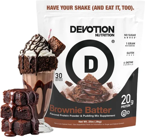 Devotion Nutrition Proteína en Polvo Brownie Batter – Mezcla de 20g de Proteína Aislada de Suero y Caseína – Sin Azúcar Añadido, Bajo en