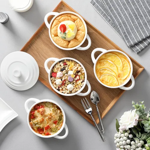 Miniatura 5 de MALACASA Mini Cocotte Set - 14 OZ (aproximadamente 396.89g) Platos pequeños de cazuela con tapas y asas, juego de 4 ollas holandesas mini de Blanco