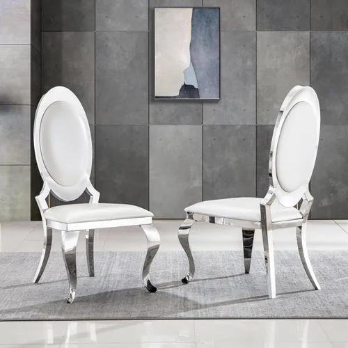 Asday Sillas de comedor blancas y plateadas, sillas de comedor de piel sintética blanca con magnífica parte trasera ovalada y patas de acero