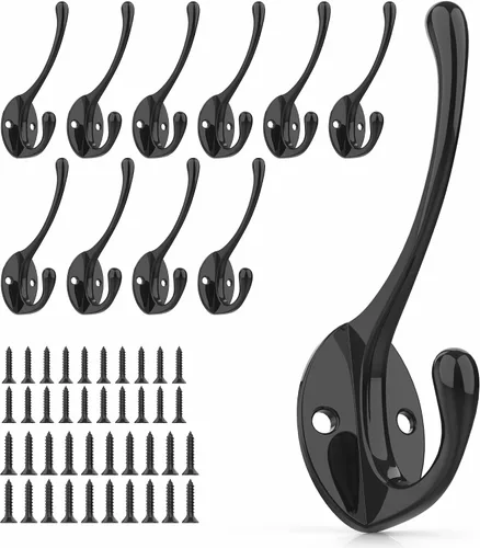 Ganchos de pared de metal resistentes para abrigos, paquete de 10 ganchos negros montados en la pared con 20 tornillos, ganchos dobles para abrigo,