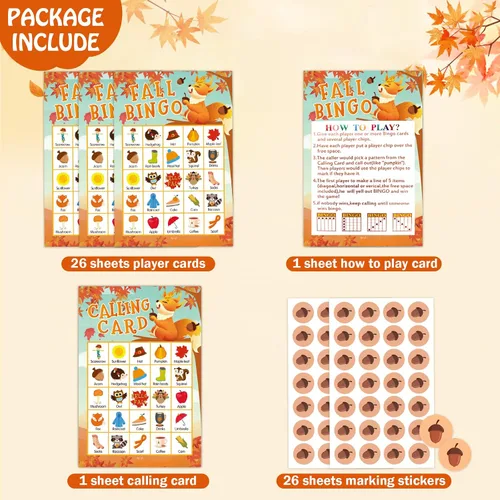 Miniatura 5 de SICOHOME Tarjetas de bingo de otoño para niños, 26 jugadores, juego de bingo de Acción de Gracias para niños y adultos, otoño, Halloween, Acción