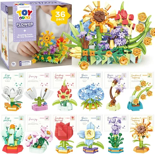 TOY Life Paquete de 36 Obsequios de Fiesta para Niños, Plantas Pequeñas Mini Flores Juego de Bloques de Construcción para Premio de Aula, Flores