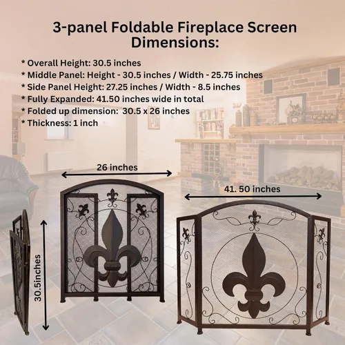 Miniatura 2 de BestGiftEver Pantalla decorativa para chimenea de 3 paneles con diseño de flor de lis, marrón oscuro clásico, cubierta decorativa de malla de hierro