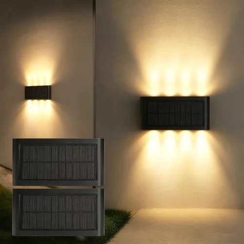 Luces solares de pared para exteriores, 3000 K blanco cálido, impermeables, elegantes luces modernas, iluminación solar brillante arriba y abajo con