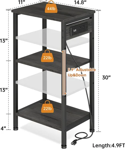 Miniatura 2 de Asgolion - Mesita alta con estación de carga, mesa auxiliar estrecha de 3 niveles con almacenamiento, mesa de noche delgada con puertos USB y tomas
