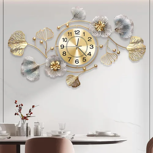Miniatura 10 de Relojes para sala de estar, reloj de pared grande, reloj de pared silencioso 3D, diseño retro de hoja de ginkgo de metal, para dormitorio, cocina