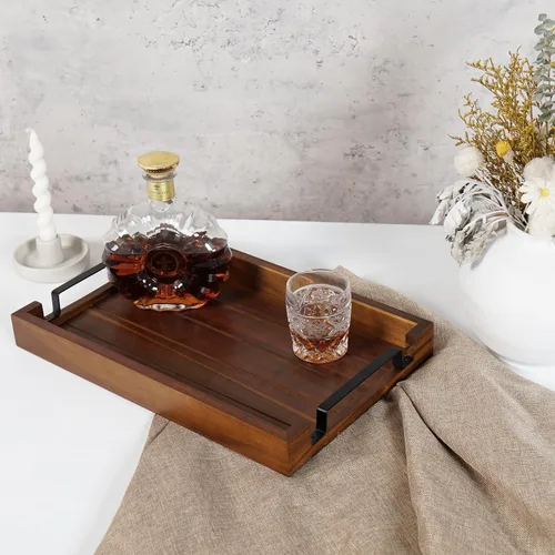 Miniatura 6 de Bandeja de madera de acacia de 17 x 11 pulgadas con mango de hierro negro. Bandeja decorativa para café, whisky, bandeja de madera para cocina, sala
