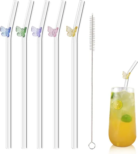 Miniatura 8 de 5 popotes reutilizables de vidrio transparente con diseño color cereza de 7.8" x 8mm con 1 cepillo de limpieza para batidos, zumos, jugos y tés
