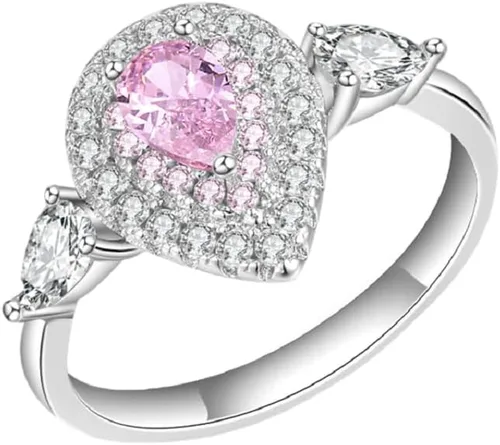 Yuren Anillo de boda de plata 925 con circonita cúbica de gota de agua rosa/blanca de 3 quilates para mujer, talla 4-9, Piedras preciosas, oro,