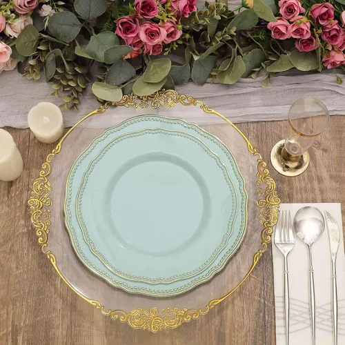 Miniatura 2 de Efavormart - Paquete de 10 platos llanos de plástico con borde festoneado negro/dorado de 9 pulgadas, platos desechables para fiestas de bodas