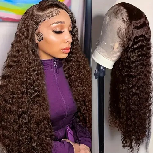 Miniatura 60 de Peluca de cabello humano con encaje frontal 99j borgoña ondulada profunda, 13x4, peluca frontal prearrancada, densidad del 180%, peluca rizada