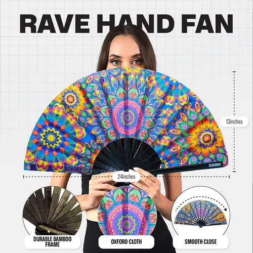 Miniatura 68 de SoJourner Bags Rave Fan – Ventilador plegable grande – Ventilador de mano Clack para raves, Halloween, Burlesque, trajes de arcoíris para mujeres