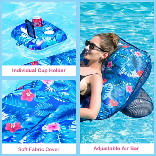 Miniatura 3 de FindUWill Tumbona inflable para piscina, flotador de tela con soporte para tazas, respaldo, flotadores de agua de natación para adultos