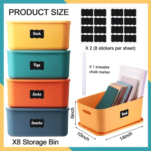Miniatura 2 de Tanlade 8 contenedores de almacenamiento de plástico apilables con tapa y asa, colorida caja de almacenamiento de escritorio para estantes