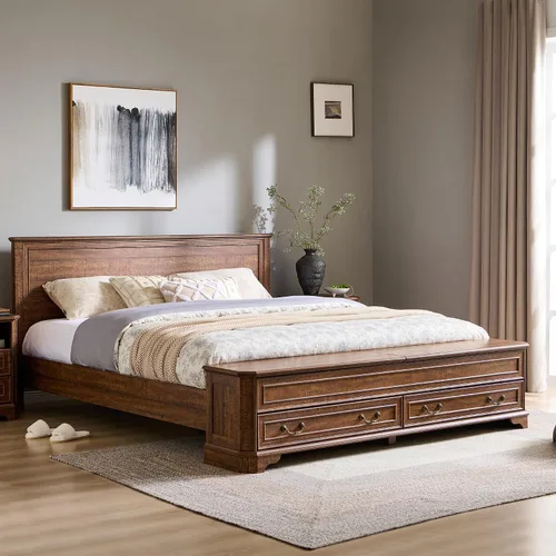 Miniatura 9 de T4TREAM Cama Queen de granja con cabecera y banco de almacenamiento, cama de plataforma de madera rústica con baúl de almacenamiento de 64 pulgadas