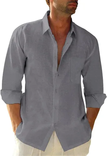 Miniatura 12 de JEKAOYI - Camisas de lino con botones para hombre, de manga larga, ajuste regular, de algodón, camisas de playa con bolsillo