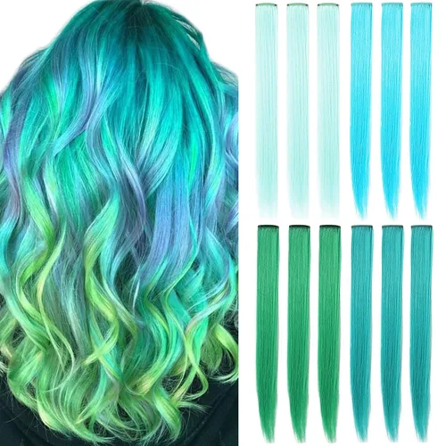 Miniatura 9 de 12 extensiones de cabello de colores rectas de 20 pulgadas, extensiones de cabello sintético con clip, color arcoíris, con reflejos, para fiesta