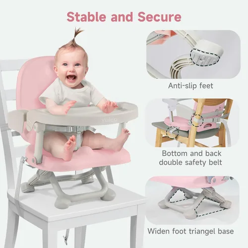 Miniatura 5 de YOLEO Silla alta para bebé, asiento elevador para mesa de comedor, sillas altas plegables con alturas ajustables, asiento elevador de viaje con Rosa