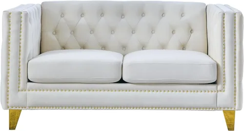 Miniatura 5 de KEIKI Sofá de terciopelo copetudo de 2 plazas para sala de estar, sofá con brazos cuadrados copetudos para apartamento en el hogar, color beige