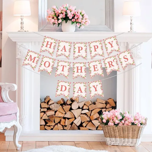 Miniatura 3 de Whaline Juego de 3 pancartas para el Día de la Madre, con texto en inglés «Happy Mother's Day» con cola de pez, guirnalda floral rosa premontada