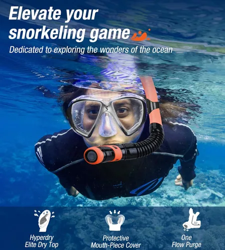 Miniatura 6 de Aegend - Esnórquel seco para buceo para adultos y jóvenes - Equipo de snorkel con válvula seca superior, perfecto para snorkel, buceo libre, Naranja