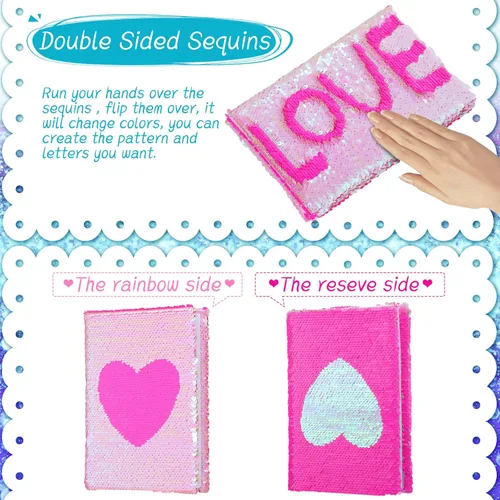 Miniatura 3 de Outus Diario de San Valentín con lentejuelas para niñas, 4 unidades, con bolígrafos de tinta de gel de color, cuaderno con purpurina, diario