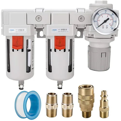 Miniatura 10 de NANPU Sistema de secado de aire NPT de 1" - Filtros de aire dobles, combo de regulador de presión de aire - Drenaje semiautomático, cuenco