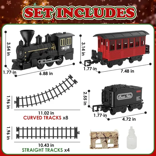 Miniatura 5 de Juego de tren de árbol de Navidad de 15 piezas con humo, sonido y luces, pista elegante y vagones de pasajeros vintage para Navidad, juego de tren