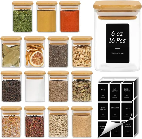 Miniatura 10 de ComSaf Tarros de especias con etiquetas de 4 onzas, paquete de 6 recipientes pequeños para especias, tarros de condimentos de vidrio con tapas
