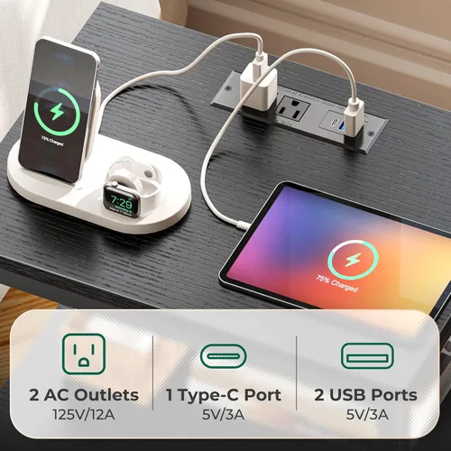 Miniatura 6 de Huuger - Mesita de noche con estación de carga y luces LED, mesita de noche de 4 cajones, mesa auxiliar con estante abierto, mesa de cabecera, Negro