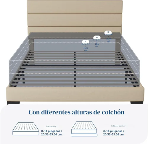 Miniatura 7 de Allewie - Base de cama de plataforma de tamaño matrimonial con cabecera tapizada de tela y soporte de listones de madera, base de colchón totalmente