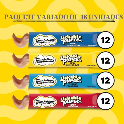 Miniatura 10 de Temptations Paquete variado de puré cremoso de golosinas para gatos lamibles, tubos de 0.42 onzas, 48