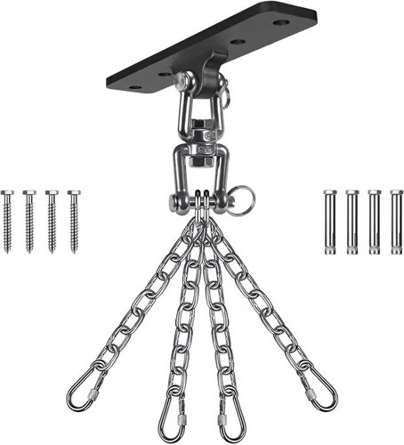 Miniatura 8 de SELEWARE Percha de bolsa pesada de rotación de 360°, capacidad de 1000 libras, montaje en techo y vigas con cadena de acero inoxidable y ganchos a