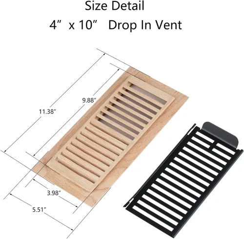 Miniatura 2 de Rejilla de piso de roble blanco de madera dura, cubierta de ventilación empotrable, 4x10 pulgadas con regulador de aire, sin acabar Blanco