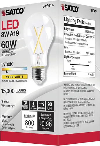 Miniatura 6 de Satco Bombillas de filamento LED regulables, S12414, lúmenes altos, 8 vatios, A19, transparente, base media E26, blanco cálido 2700K, 90+ CRI, 120