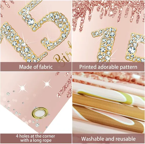 Miniatura 6 de Cartel de feliz cumpleaños número 15 para niñas, decoración de fondo de oro rosa para fiesta de cumpleaños número 15, póster de cumpleaños rosa