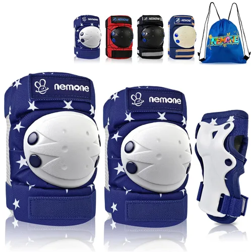 Miniatura 16 de NEMONE Rodilleras para niños, niñas, coderas, muñequeras con bolsa de cordón, juego de equipo de protección reflectante ajustable para patinaje