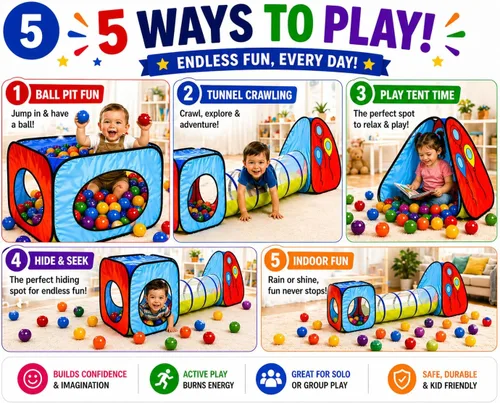 Miniatura 5 de Kiddey - Juego de túnel y alberca de pelotas Tiendas de campaña emergentes de 3 piezas para niños, bebés y niños pequeños, niños y niñas Juego